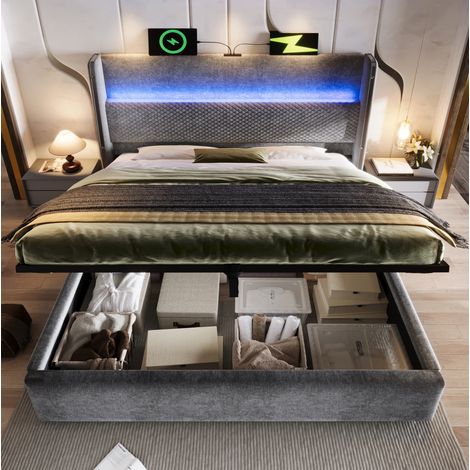 lit coffre 160x200 LED avec matelas inclus gris HAVRYA (1/5)