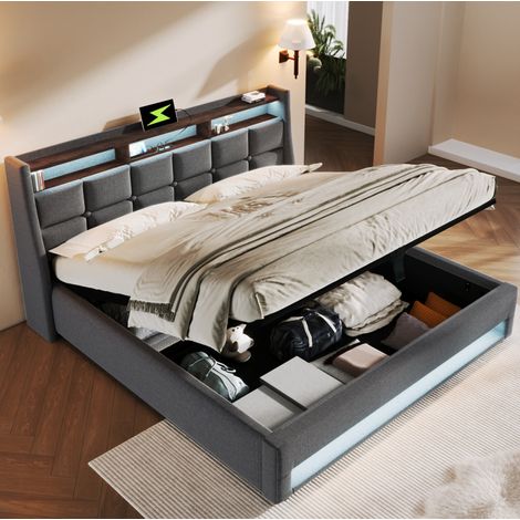 Letto contenitore matrimoniale 140x200 cm, con LED, USB e rete a doghe, in tessuto di lino grigio, senza materasso (1/5)