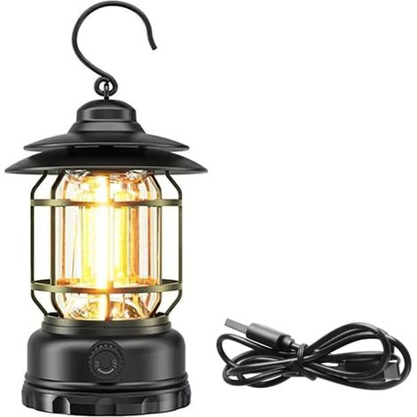 Lanterne de camping rechargeable, lampe de tente LED portable avec intensité lumineuse réglable, design vintage étanche, éclairage à 360°, charge rapide USB-C, décoration intérieure et extérieure (1/5)