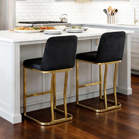 Barhocker 2er Set Samt mit Rückenlehne und goldenem Metallbein, Schwarz (1/5)