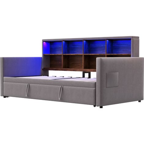 Cama diván 90x190 cm de terciopelo gris oscuro, con almacenaje, LED y enchufes - MODENUIT (1/5)