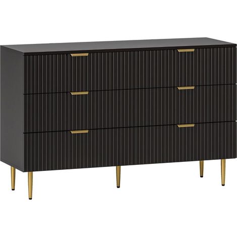 Commode 6 tiroirs commode chambre meuble de rangement moderne avec poignées et pieds dorés, 120 x 40 x 76,5 cm, noir