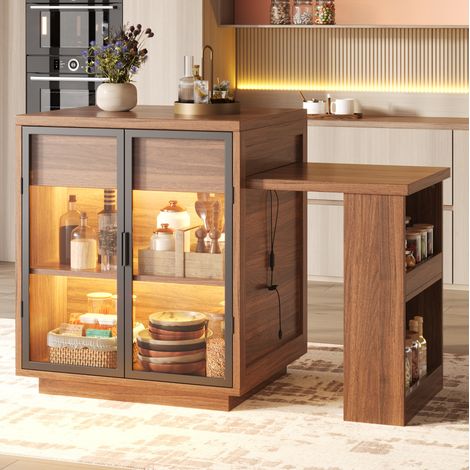 Îlot de cuisine extensible 122-194,5x70x94 cm MDF métal brun foncé, rangement pour cuisine – MEUBLIV (1/5)