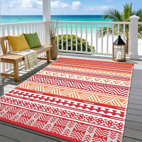 Tapis d'extérieur réversible en plastique résistant aux intempéries, résistant aux UV, pour camping, balcon, terrasse, plage, barbecue, pique-nique, terrasse (orange, 180 x 270 cm) (1/5)