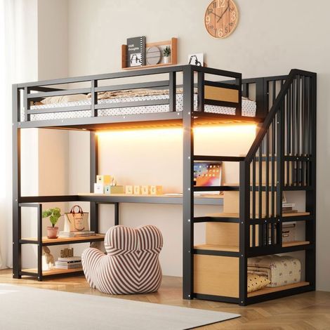 Lit mezzanine - SOGEU - 90x200 - Bureau intégré - Escalier avec rangements - LED et prise (1/5)