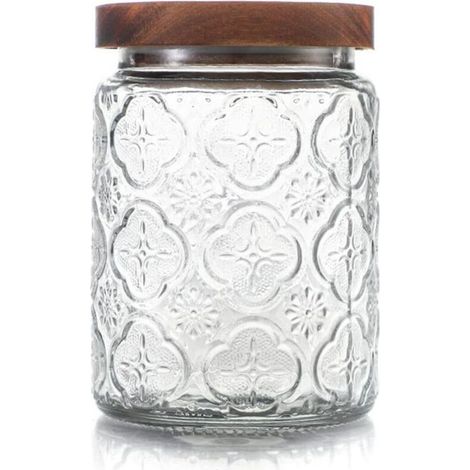 bocaux en verre, Bocaux rangement cuisine, 700ml Bocal en verre avec couvercle en bambou, bocaux en verre hermétiques pour café, riz et sucre, Bocal en verre décoratif (fleurs de bégonia) (1/4)