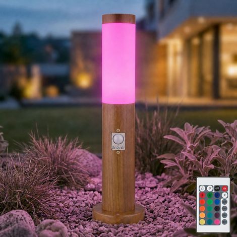 Sockelleuchte mit Bewegungsmelder Holz Optik Außen Standleuchte Pollerleuchte Edelstahl, Fernbedienung dimmbar, RGB LED 8,5W 806Lm warmweiß, DxH 7,6 x 45 cm (1/5)