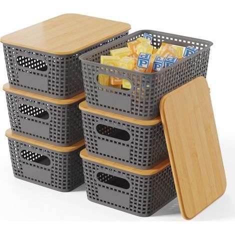 Lot de 6 Boîte de rangement, Couvercle bambou, Plastique PP, Empilable, Aéré, Salle de bain, Cuisine (1/5)