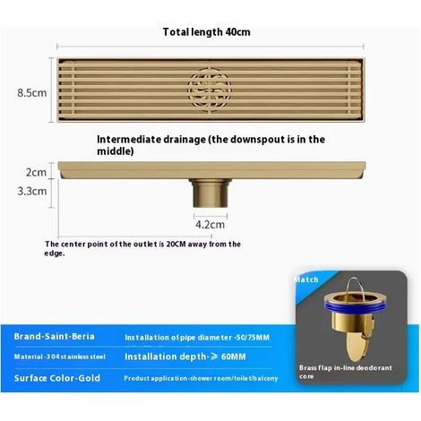 (8.5cmx40cmA) Golden Bamboo Row High-End Bathroom Shower Floor Drain Six-Proof Grille Extended Linear Stainless Steel Long Floor Drain (1/4)