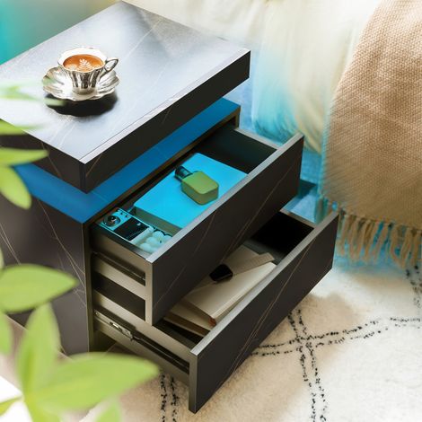 Table de chevet moderne avec éclairage LED et 2 tiroirs pour chambre à coucher (noir et or) (1/5)