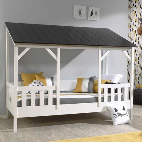 Pack - Lit Cabane Enfant & Sommier "Housebed III" 90x200cm Blanc & Noir (1/4)