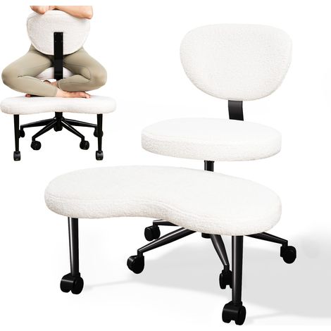 Chaise de bureau Ergonomique à jambes croisées ,Chaise de méditation,dossier pivotant,hauteur réglable avec roulettes,blanc,pieds pivotant à 360°,