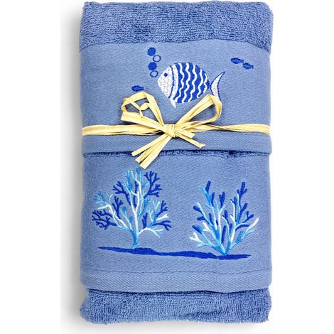 Ensemble de serviettes de mer bleues corail poisson - éponge 100 % coton - broderie nautique blanche - Fabriqué en Italie (1/5)