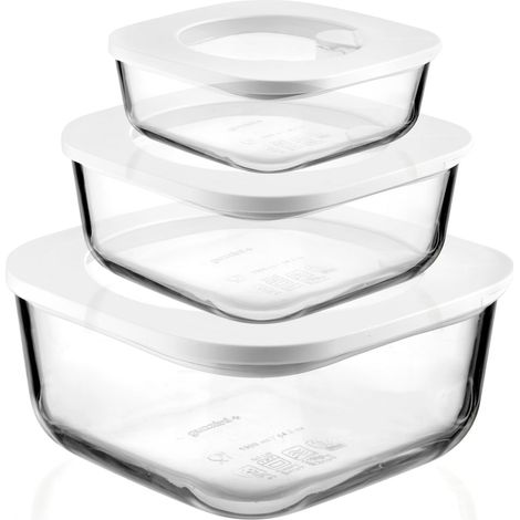 Guzzini - Kitchen Active Design, STORE&MORE GLASS Set 3 Contenitori Ermetici in Vetro per Frigo/Freezer/Microonde - Trasparente, 19,5x19,5xh9,3 cm 410/965/1900 cc - 11330311 (1/5)