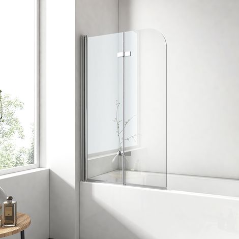 EMKE Badewannenfaltwand 140x120 cm Chrom, 2-teilig faltbar, abgerundet, Badewannenaufsatz 6mm ESG Glas & Nano