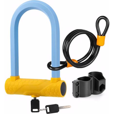 Antivol en U pour Vélo avec Câble, 12cm Câble Acier et Support de Montage, Antivols Sécurité Vélo, 17 mm D'épaisseur Route, Pliant(Color:Bleu) Bleu - (1/5)