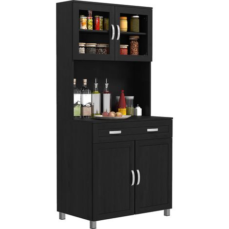 Hohes Küchen-Sideboard, Küchenschrank mit 4 Türen, Schublade, Arbeitsplatte und verstellbaren Einlegeböden, 80 x 48 x 170 cm, schwarz