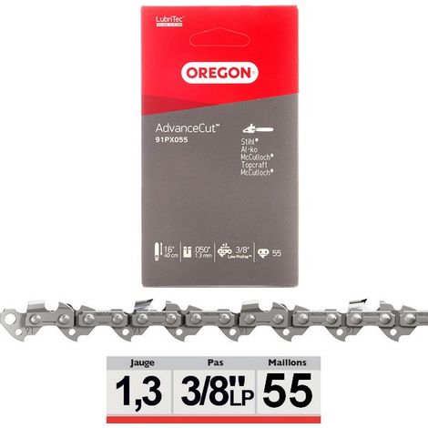 Oregon – Chaine tronçonneuse 91PX055E 3/8LP 55 dents – Pour guide 40 cm – Coupe précise pour bois dur – Compatible avec modèles Alko, Stihl, Mc Culloch (1/6)