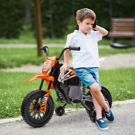Moto électrique enfant 12V avec musique, véhicule à roulettes stabilisatrices pour enfants 3-6 ans, couleur orange (1/5)