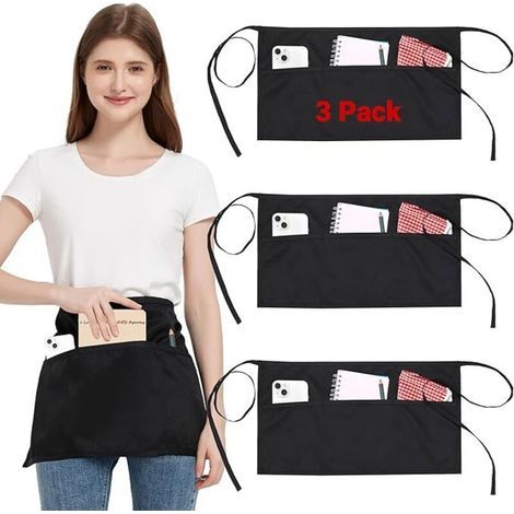 3 Pièces Tablier de Taille avec 3 Poches et Sangle Réglable, Imperméable Tabliers de Cuisine Noir pour Femme et Homme, Court Tablier Pour Serveurs Chefs Bistro Restaurant Café (1/4)