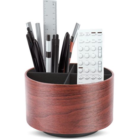 Porte-stylo rond en cuir, rotatif à 360°, pour table de chevet, télécommande TV, organiseur de bureau pour stylos, fournitures de bureau, boîte de rangement (1 marron clair) (1/5)