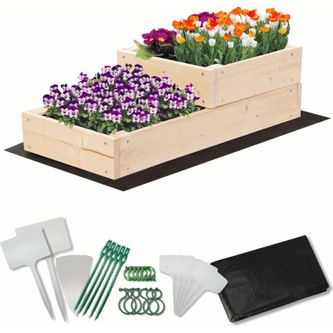 MODO24 Carré potager surélevé en bois, 2 niveaux en cascade, 18x30x63 cm, jardin/terrasse, kit jardinier inclus, naturel