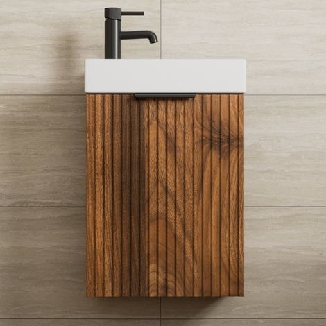 Fluted 400mm Bathroom Vanity Unit Basin Wall Hung Cupboard Soft Close Walnut (1/5)