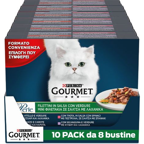 Purina Gourmet Perle Filettini in Salsa Cibo Umido per Gatti con Verdure con Vitello, Selvaggina, Manzo, Trota, 80 Buste da 85 g (1/4)