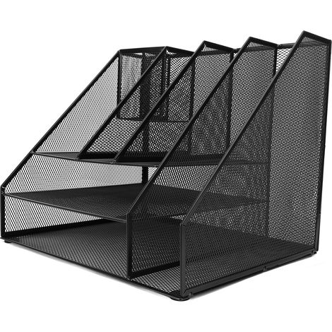 Organiseur de bureau noir en maille métallique 3 niveaux, corbeille à courrier, 2 porte-stylos et range-documents (1/5)