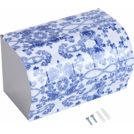 Porte-papier toilette mural en acier inoxydable avec couvercle, finition porcelaine bleue et blanche polie. (1/5)