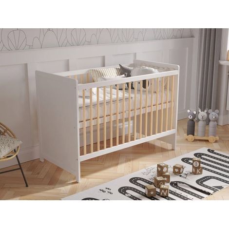 Lit Bebe Evolutif en Bois Pin Blanc 120x60cm, Lit Pour Bebe Transformable en Un Canapé-lit avec Une Barrière de Sécurité