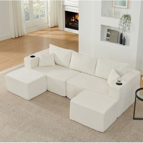 Sofá esquinero modular de 3 plazas en tejido efecto terciopelo beige con otomanas móviles, OKWISH (1/5)