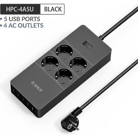 Multiprise avec port USB, adaptée à une utilisation à domicile et au bureau, protégée contre les surtensions, 4 prises secteur, 5 ports USB, noire. (1/5)
