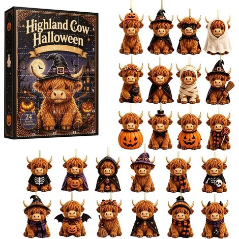 Halloween-aftelkalender 2026 met Schotse hooglandkoe- acryl hangerset- schattige koeienbedel voor thuis- boerderij en kantoor – feestelijke herfstdecoratie voor familie en kinderen (1/5)