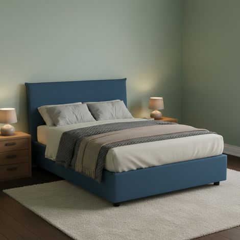 Talamo Italia Quadratisches und halbes Bett Astrid, Containerbett mit Stoffbespannung, 100% Made in Italy, Frontöffnung, passend für Matratze Cm 120x200, Blau (1/5)