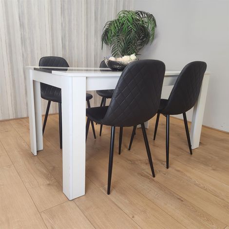 Dining White Black Wood Table and 4 Leather Black Chairs Dining Room Set (1/5)