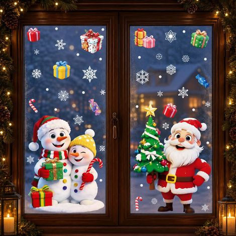 Autocollants statiques Père Noël, décorations de magasin, autocollants bonhomme de neige pour vitres, décorations de vitrine pour la veille de Noël, vente en gros