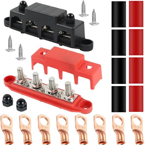 Bloc de distribution d'énergie pour barre omnibus 12 V, bloc de jonction à goujons de borne M8, module haute performance de barre omnibus marine rouge et noir avec couvercle (2 pièces) (1/5)