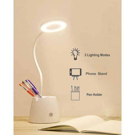 Dimmbare LED-Schreibtischlampe mit 3 Leuchtmodi, wiederaufladbar (2000 mAh), ideal für Kinder. Ausgestattet mit Stifthalter, Handyhalterung, Augenschutz und flexiblem Schwanenhals. (1/3)
