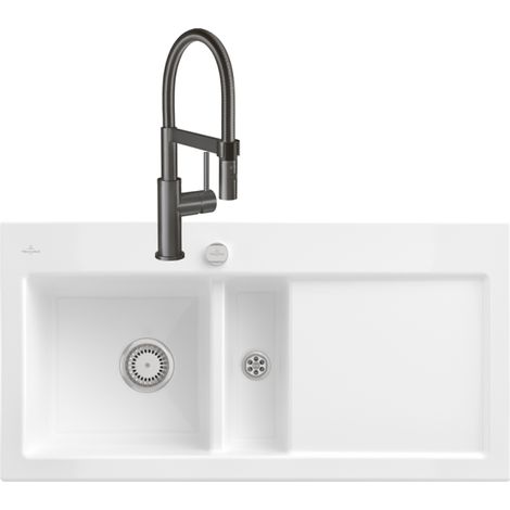 VILLEROY ET BOCH Subway Pure 60 fregadero desagüe derecho desagüe automático + grifo de cocina Steel Expert Compact Antracita