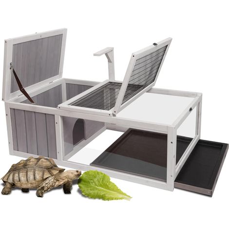 Enclos Tortue Exterieur Bois avec Fond, Cage Cochons d'Inde Exterieur en Bois - Facile à Installer - 91cm x 61cm x 31cm Porte d'évacuation et Grenier (1/5)