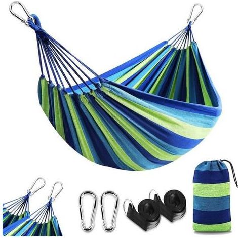 Hamac de camping pour 2 personnes (190 x 150 cm), capacité de charge de 300 kg, 2 mousquetons de qualité, 2 sangles en nylon, hamac en toile portable à suspendre dans le jardin et à la plage. (1/4)