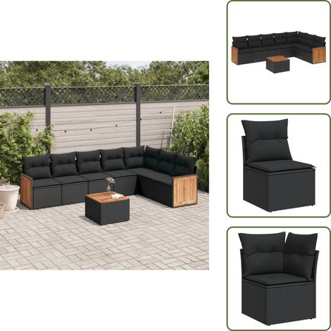The Living Store Salon de jardin 8 pcs avec coussins noir résine tressée - Ensemble Salon De Jardin - Meuble Extérieur - Mobilier De Jardin - Chaise Lounge - Set De Jardin