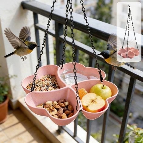 Casetta per mangiatoia per uccelli - Mangiatoia sospesa - Vaschetta e mangiatoia per uccelli - Design a forma di trifoglio rosa - Per giardino e balcone (1/5)