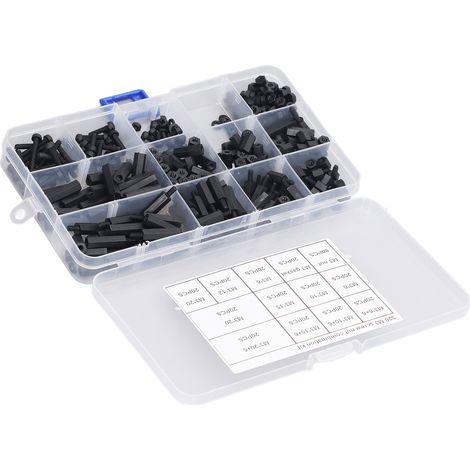 Kit de rangement de 320 entretoises hexagonales M3 en nylon (mâle/femelle) avec boîte.
