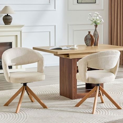 Lot de chaises 2 pièces style rétro luxe cord crème blanc structure à bandes verticales pieds en bois massif rotation silencieuse à (1/5)