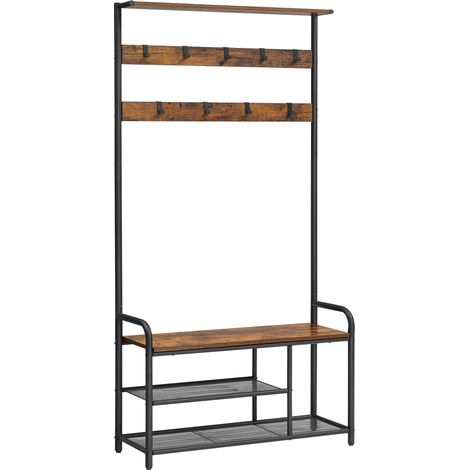 Porte-Manteau, Meuble d’Entrée, Vestiaire, avec 9 Crochets Amovibles, Banc, Étagère, 30 x 85 x 180,5 cm, pour Entrée, Couloir, Chambre, Industriel, Marron Rustique et Noir HSR409B01 (1/5)