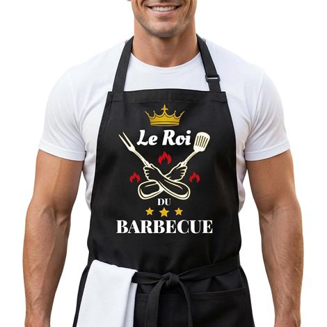 Tablier Barbecue Homme Humour, Le Roi du Barbecue Tablier Cuisine Homme Noir Réglable avec Poches, Étanche Tablier Personnalisé Homme, Idée Cadeau pour Homme Papa Fête des Pères, Accessoire BBQ