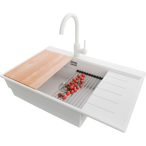 PRIMAGRAN Evier Cuisine en Granit 78x50cm,Lavabo 1 bac + Robinet 32x20cm + Kit de Vidage + Accessoires, Évier à Encastrer au meuble 60cm - Sydney, Blanc