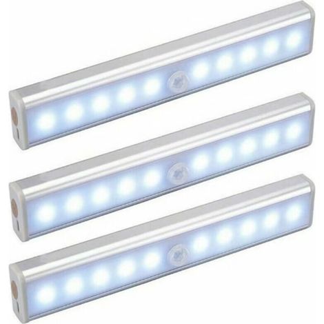 Lot de 3 Lampes 10 LED, Sans Fil, Rechargeable par USB, Aimanté, Détecteur de Mouvement, Portable. Lumière de Placard, Baladeuse de Secours, Veilleuse Enfant, Appoint